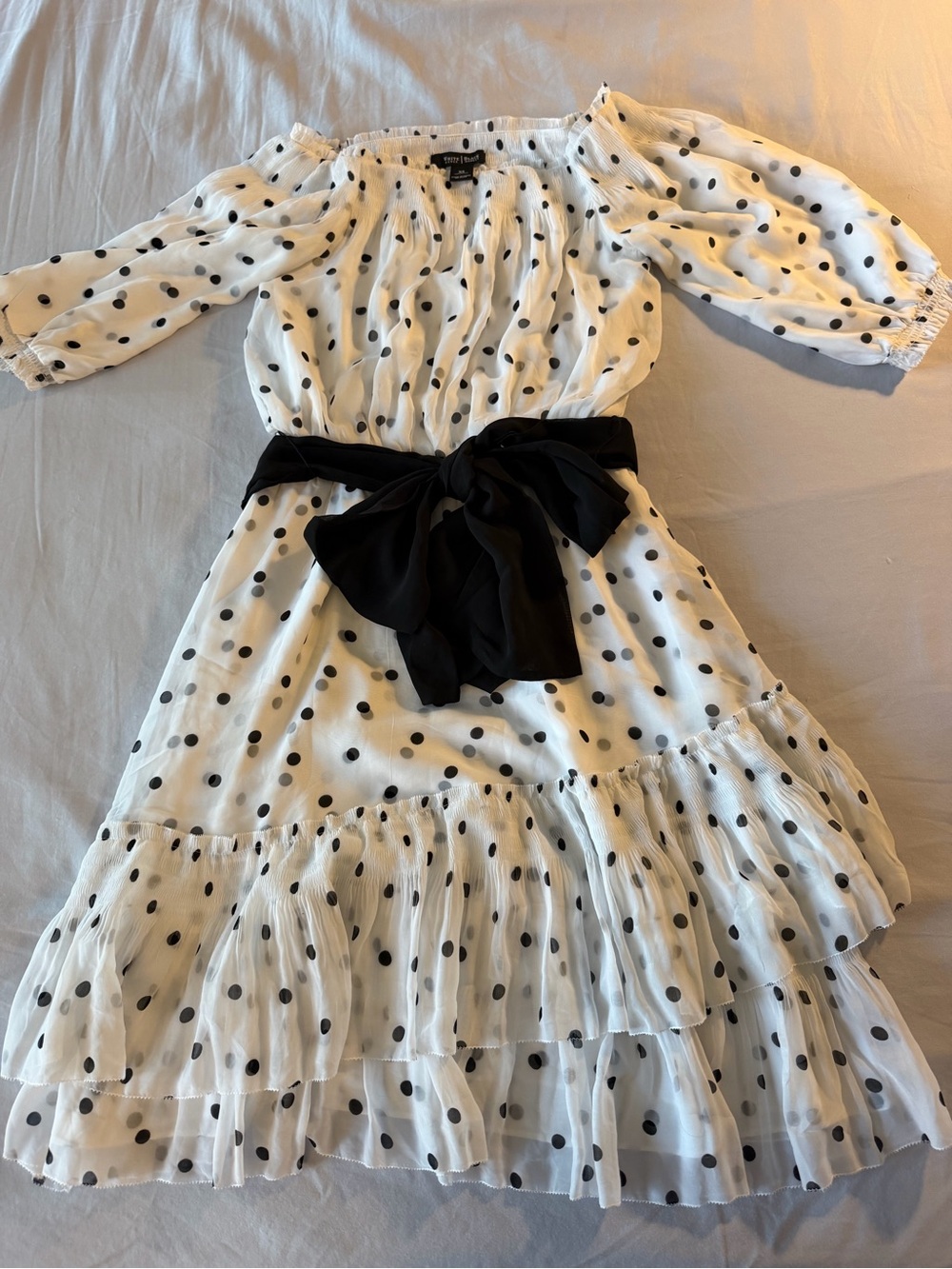 White House Black Market White Polka Dot Off-Shoulder Dress with Black Sash